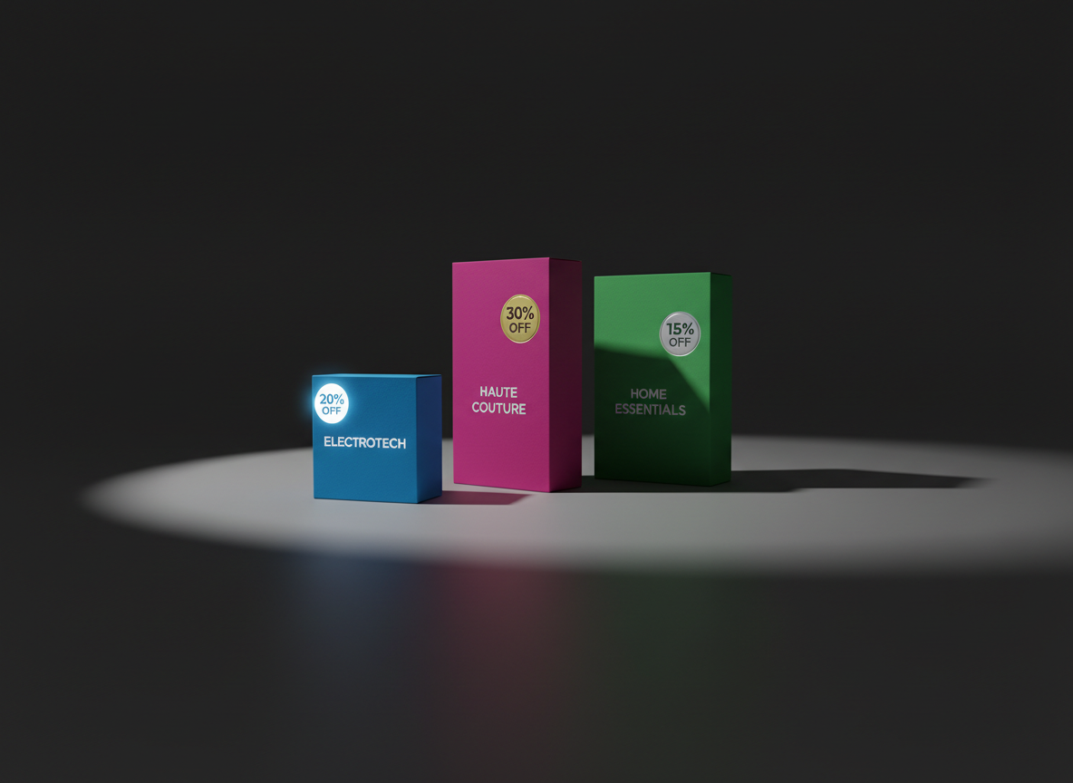 A dramatic lineup of different product boxes—one small for electronics, a tall slim one for fashion, a sturdy wide one for home goods—arranged in a staggered formation on a seamless matte surface that transitions into a dark, minimalist background. Each box is a solid, saturated color with a small, subtle discount badge graphic, suggesting curated offers by category. A single hard spotlight from the upper left creates vivid, angular shadows stretching to the right, adding strong depth and graphic tension. Shot at a low angle that makes the boxes feel imposing and important, with sharp focus throughout. The photographic style is ultra-clean and design-driven, conveying authority, selectiveness, and the feeling of premium offers found at the best prices.