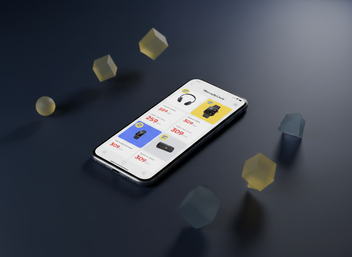 A sleek smartphone lying diagonally on a deep navy surface, its edge catching a razor-sharp highlight from a strong, directional top-right light. On the luminous screen, a stylized interface of Mercado Livre offers is visible, showing multiple brightly colored product tiles with slashed prices and discount badges. Around the phone, a few minimalistic, semi-transparent geometric shapes in yellow and blue float slightly out of focus, reinforcing the brand colors without cluttering the scene. The lighting creates crisp, elongated shadows that draw the eye toward the phone. Photographic realism with a high-contrast, minimalist aesthetic, shot from a slightly elevated angle. The mood is dynamic, tech-forward, and confident, capturing the experience of browsing bold deals on the go.