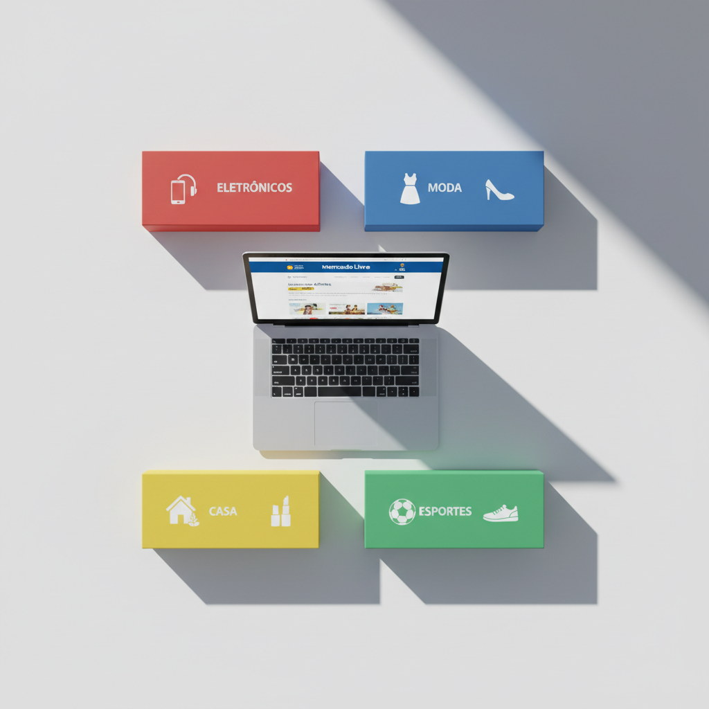An overhead view of a pristine, modern workspace featuring an ultra-slim laptop with the Mercado Livre homepage visible on the screen, framed by organized product boxes in bright primary colors representing different categories: electronics, fashion, home, sports, and beauty. The devices and packaging have clean, sharp edges and subtle textures, arranged in a precise grid on a smooth white surface. Strong directional light from the right creates long, crisp shadows that cut diagonally across the scene, adding bold graphic contrast. The background is minimalist and uncluttered, emphasizing order and clarity. The photographic style is clean and contemporary, communicating a sense of control, strategy, and discovering the very best offers online.